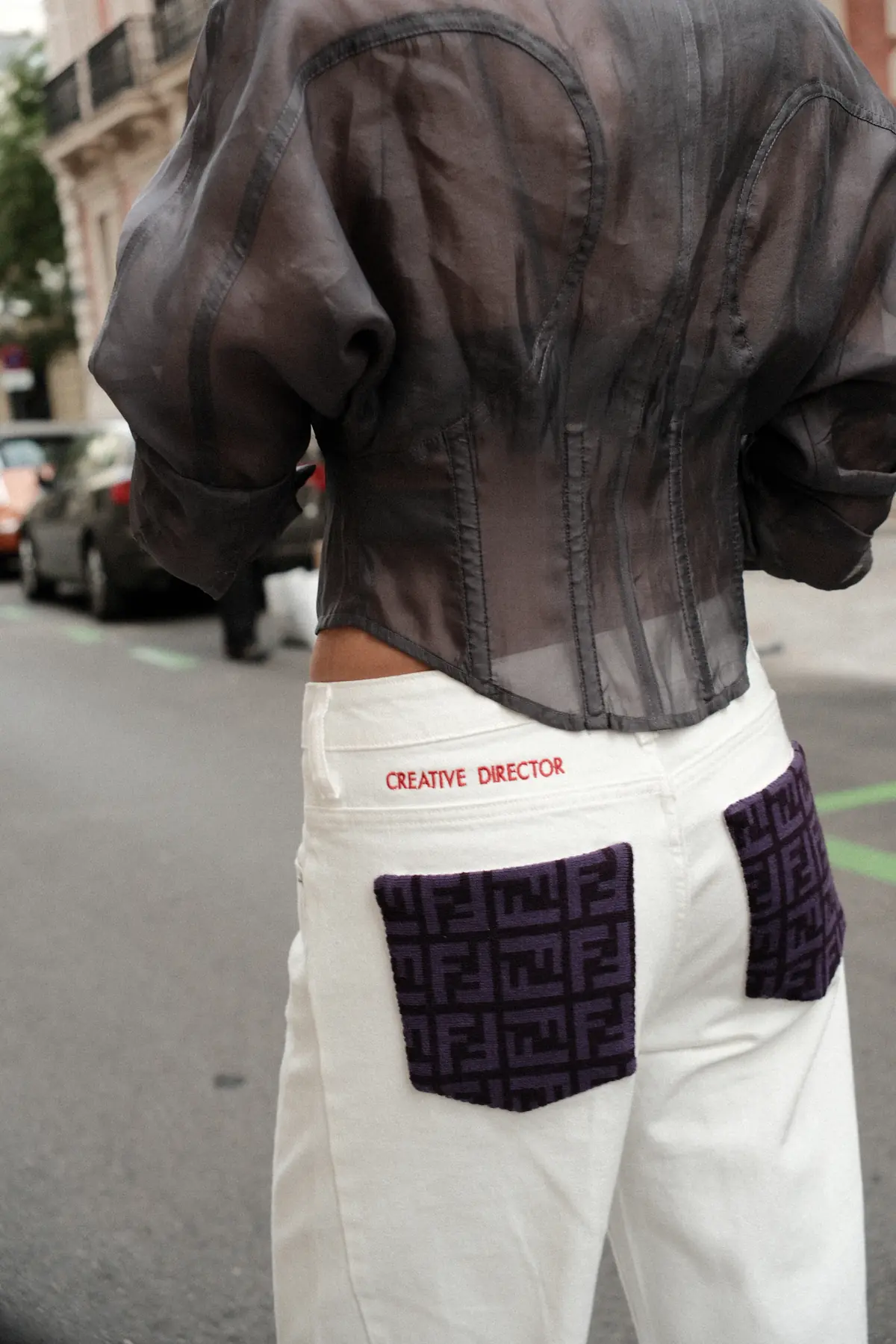 Parché Studio white jeans with monogram patch pockets and red embroidery