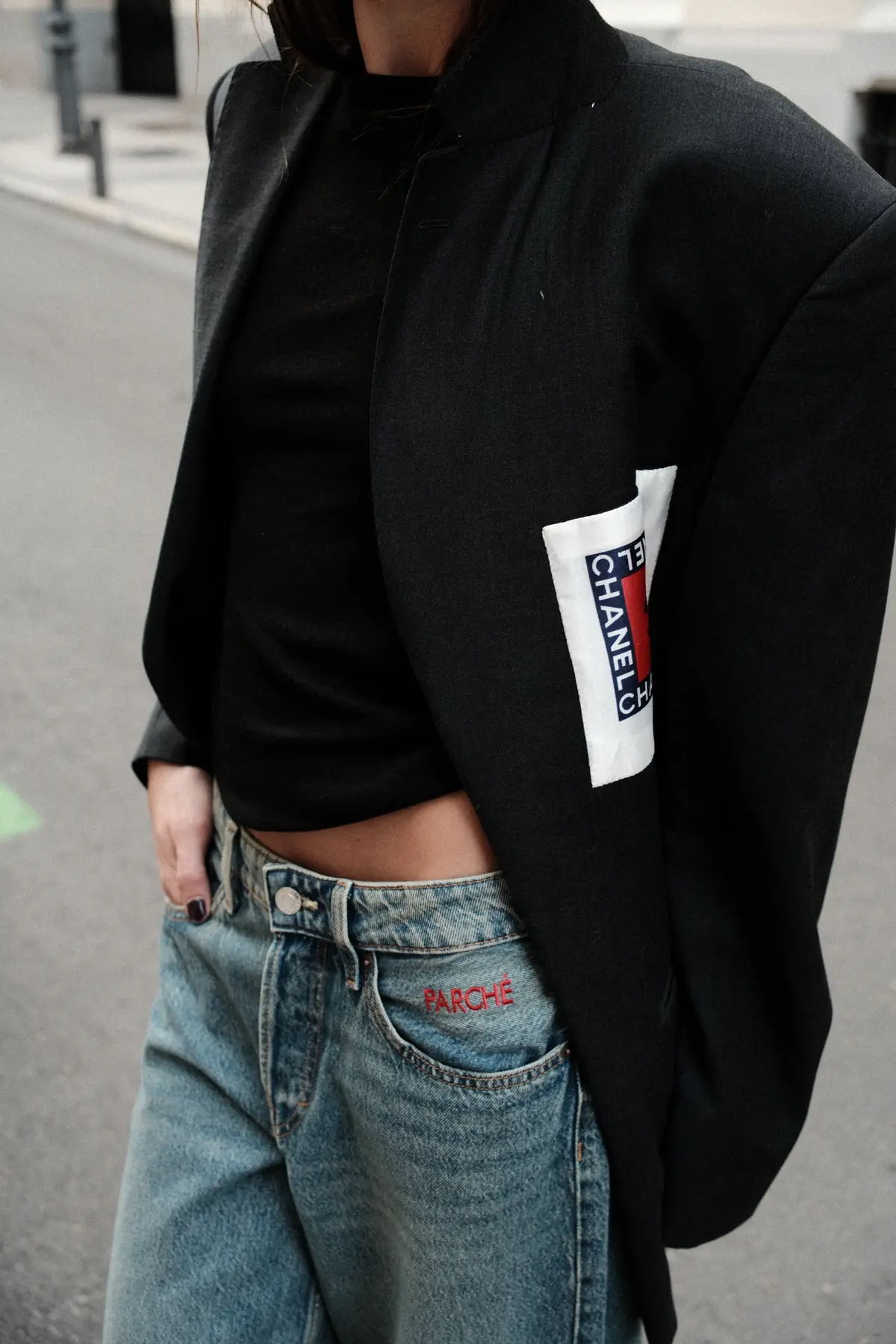 Parché Studio white jeans with monogram patch pockets and red embroidery