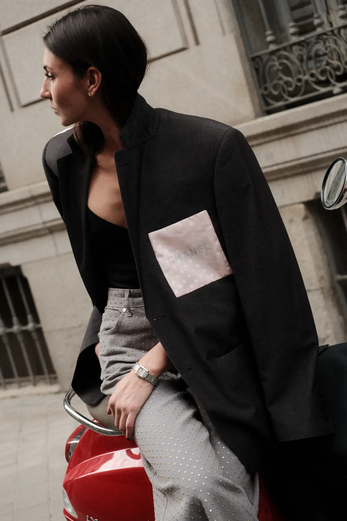 Parché Studio navy blazer with a burgundy monogram patch, worn with white trousers